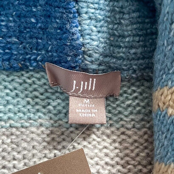 BNWT J.Jill Women Sz Medium Petite Aztec Boho Shawl Cardigan Sweater Blue Brown - Picture 4 of 8